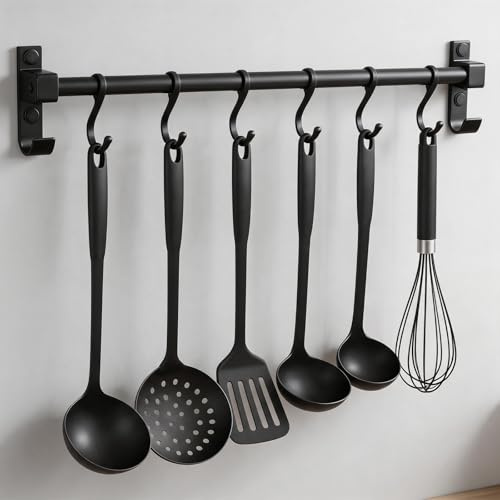 FINELYCR Patère de cuisine 40 cm, barre de suspension en aluminium pour ustensiles de cuisine avec crochets mobiles, rail de cuisine multifonction, noir, pour cuisine, salle de bain et couloir