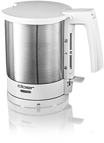 Cloer 4721 Bouilloire Elèctronique, Protection contre la surchauffe et la marche à vide, 1 litre, 2000 W, boîtier en acier inoxydable mat avec des éléments blancs