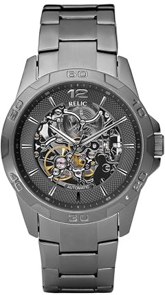 Relic by Fossil Men's Damon Gunmetal Gray Stainless Steel Bracelet Automatic Watch for Men, Luminous Hands