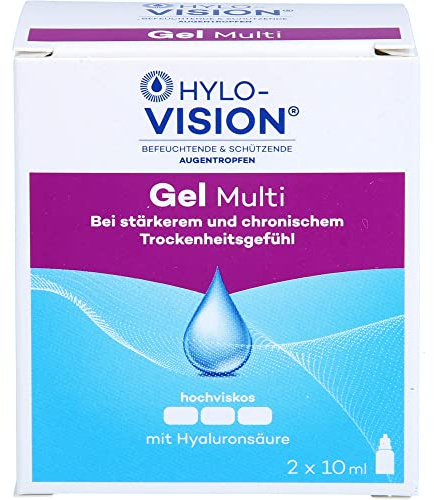 Hylo-Vision Gel Multi Augentropfen – Intensive Befeuchtung & langanhaltende Linderung bei gereizten oder irritierten Augen & starkem Trockenheitsgefühl, hochviskos, geeignet bei Kontaktlinsen, 2x10 ml