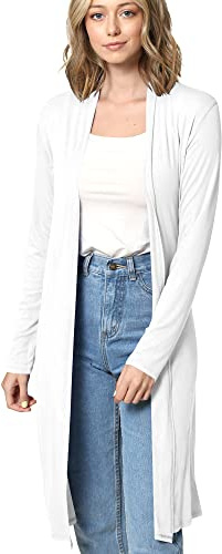 MBJ WSK1048 Womens Solid Long Sleeve Open Front Long Cardigan M White