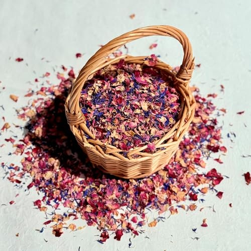 Natural Petal Confetti - 1 Litre - 'Enchanted Forest' mix of Red & Pink Rose, Blue Cornflower & Lavender - Biodegradable (01)