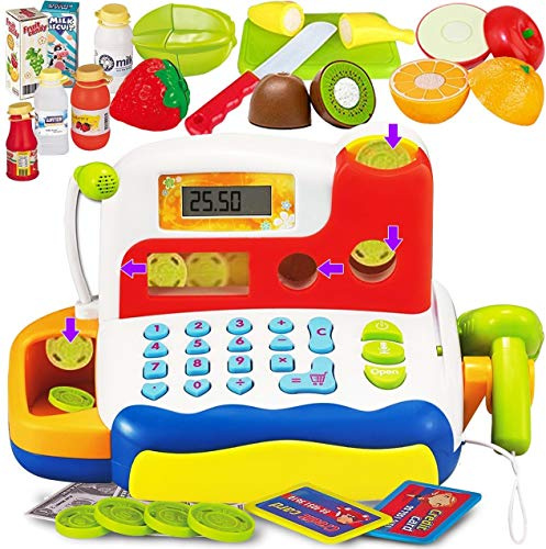 FUNERICA Toy Cash Register - with Large Interactive Coins Great for Toddlers - Scanner, Microphone, Calculator. Includes Grocery Food, Cuttable Fruit, Pretend Play Money - for Toddlers and Kids