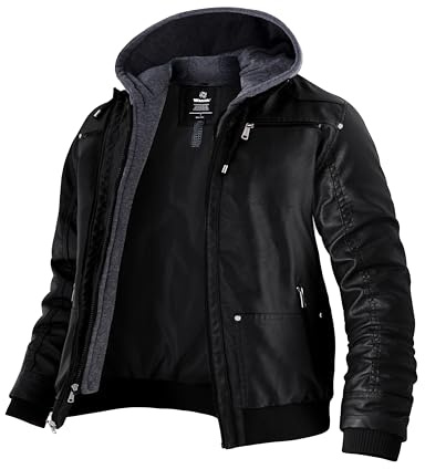Wantdo Faux Läderjacka med avtagbar huva Vindtät Varm Höst Anorak Casual Multi-Pocket Kappa Vintage Herr Motorcykelrock, Nero Sottile, 3XL