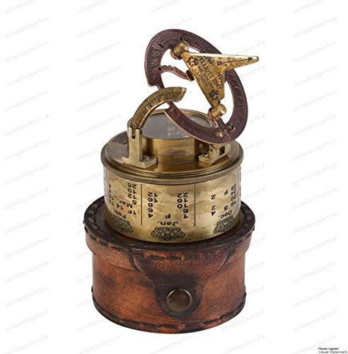 Vintage Brass Sundial Compass with Leather Case | Antique Marine Navigation Instrument & Engraved Calendar | Retro Pocket Compass for Outdoor Adventure, Collectors & Gifts