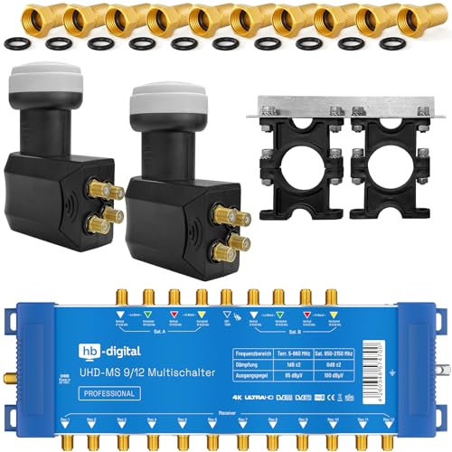 Hochwertiger Quattro LNB + Multischalter pmse 9/12 HB-DIGITAL 2X SAT bis 12 x Teilnehmer/Receiver für Full HDTV 3D 4K UHD mit Netzteil + 40 Vergoldete F-Stecker Gratis dazu