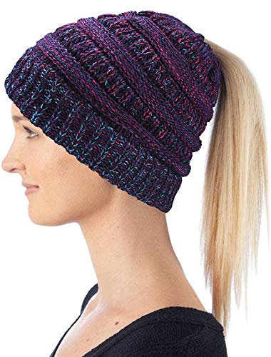 Hatstar Damen und Mädchen Wintermütze Strickmütze mit Zopfloch für Pferdeschwanz Ponytail Beanie, 30W, meliert lila-pink-türkis