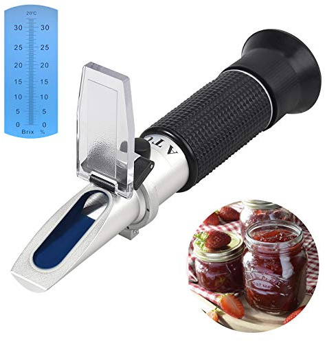 Proster Refractómetro digital Brix de mano para pruebas de azúcar 0-32%, con compensación automática de temperatura, ideal para mermeladas, frutas y bebidas, incluye 3 pipetas y estuche de