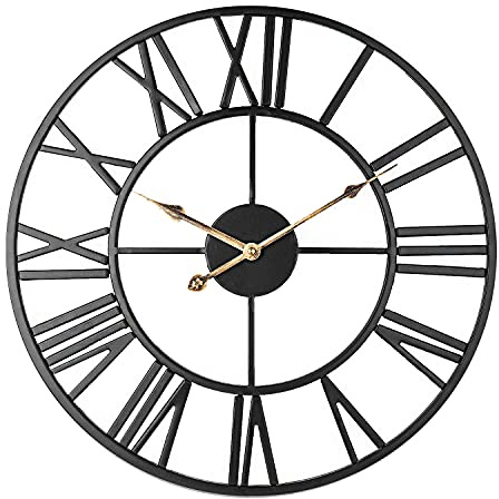 Taodyans Stilles Skelett Wanduhr römische Ziffern 40cm Metall Jahrgang große Uhr für Wohnzimmer Küche Cafe Hotel Büro Schlafzimmer Wohnkultur (Schwarzes Gold)