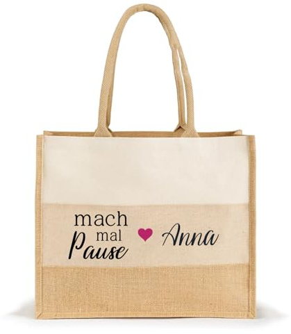 AMBERGER DESIGN by A&M Osterhage Jutetasche „Mach mal Pause mit Name personalisierbar | Optional: 7-tlg. Wellness-Geschenkset | Fairtrade | innen laminiert Innetasche| 35x42x15 cm | Geschenkidee | Geschenkset optional
