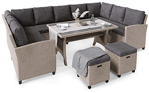 di volio Gartenmöbel-Set Polyrattan Lounge für 9 Personen Outdoor Livorno | Ecksofa, 2 Hocker, Tisch, Sitz- und Rückenkissen, Stahlrahmen, UV-beständig, pflegeleicht, Terrasse