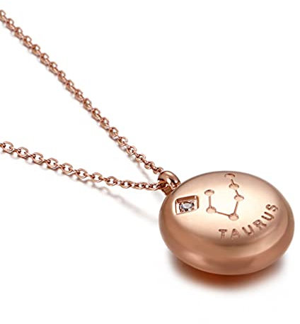 PAMTIER Damen Sternzeichen Halskette mit Zirkonia aus Edelstahl Runde Horoskop Anhänger Kette Roségold Stier