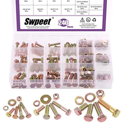 Swpeet 240 pezzi 1/4-20 5/16-18 3/8-16 12 misure Grade 8 USS Kit assortimento, bulloni pesanti e rondella assortimento filettatura grossolana Viti a testa esagonale Bullone piatto e di bloccaggio