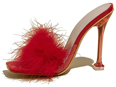 azmodo Women Faux Fur Clear PVC Slippers Square Toe Stilettos Slides High Heels Sandals Mules Party Glass Heels