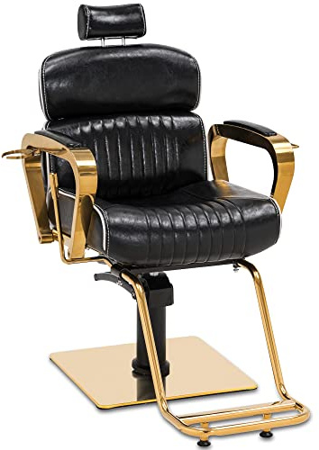 Barberpub Silla de peluquería con reposacabezas, altura regulable, inclinable, para hombre y mujer, silla de operación, estilo vintage, retro, piel sintética, 3078 (negro y dorado)