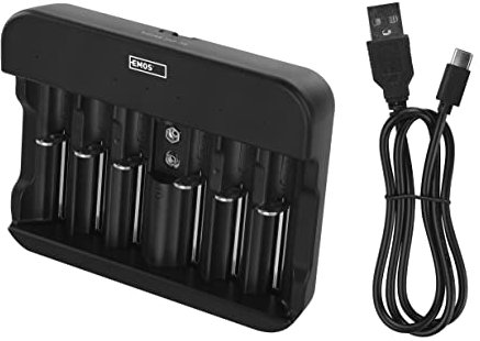 EMOS Cargador Universal NiMH NiCd para 6 baterías, Cargador rápido de 500 mA, para 1-6 Pilas AAA, AA, C, D, 9 V, Incluye Cable USB-C, indicador LED, protección de la batería, Funciones de Seguridad