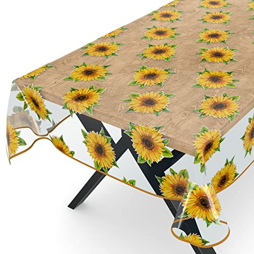 ANRO Tischdecke transparent Folie durchsichtige Wachstuchtischdecke Tischschutz Schutzfolie Tischfolie Bedruckt Motiv 0,15mm Sonnenblumen 100 x 140cm mit Saum Rund Oval Eckig