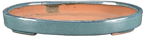 Ovale Bonsaischale aus grün glasiertem Steinzeug 28x20,5x2 cm - O10b