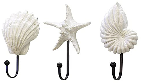 3PCS Sea Shell Wandhaken, Vintage Kleiderhaken in Muscheloptik, Wandhaken mit Seesterne-Muschel-Motiv Handtuchhaken aus Harz, Maritime Wand Deko, Kleiderhaken für Heimdekoration