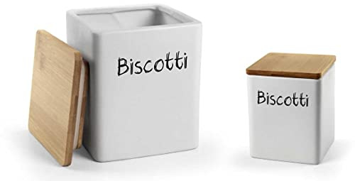 Utilissimi Tarro para galletas biscuits recipiente de cerámica 13 x 17 cm con tapa de madera de cierre hermético línea cuadrada de estilo moderno