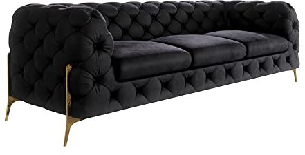 S-Style Möbel Milton Sofa 3-Sitzer Chesterfield-Sofa für Wohnzimmer Lounge Couch mit verchromten Füßen Möbel Freistehende Polster Sofas & Couches Couchgarnitur Schwarz 243 x 73 x 100 cm