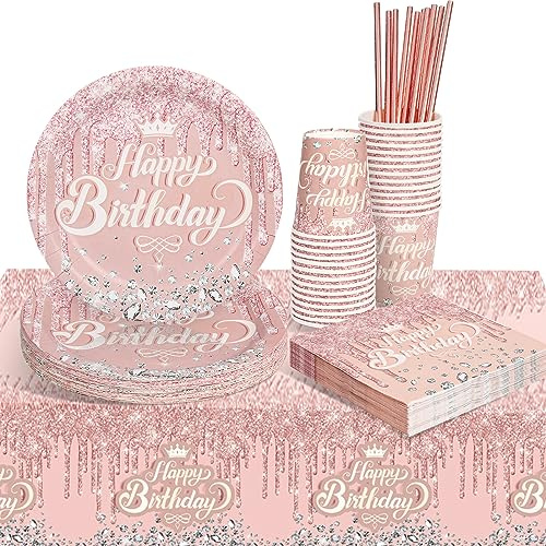 Rosegold Partygeschirr Set, Rosegold Geburtstag Party Geschirr Pappteller Set, Tischdeko Geburtstag Mädchen mit Tischdecken Tassen Strohhalme Servietten für Geburtstagsdeko Mädchen Partys 16 Gäste