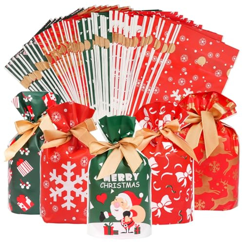 50 Stück Weihnachten Süßigkeiten - Tikplus Weihnachtstüten Geschenkbeutel mit kordelzug, Geschenktüte Geschenkverpackung Süße Taschen Mitgebsel Beutel Kekstüten für Kinder Verpacken (Rot, 12x17cm)