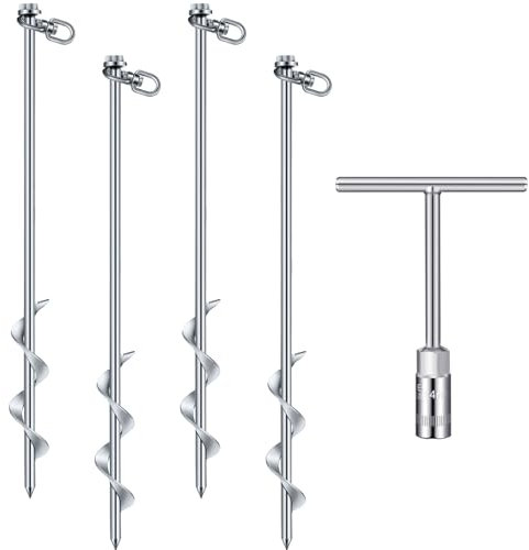 Hiboom Bodenanker-Schraube, robuste Erdanker, Zeltheringe für hohen Wind, mit T-Griff, Sechskantschlüssel, Trampolin-Haken, Bodenpfähle für Camping, Vordächer, Autoporte, Schuppen (Silber, 40,6 cm)