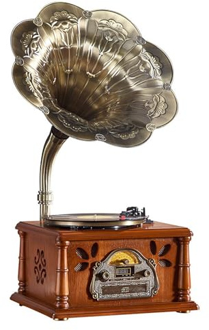 Grammofono retrò, giradischi con trasmissione a cinghia, giradischi in vinile a tre velocità, dotato di altoparlanti stereo, funzione Bluetooth, radio FM, può essere azionato tramite telecomando