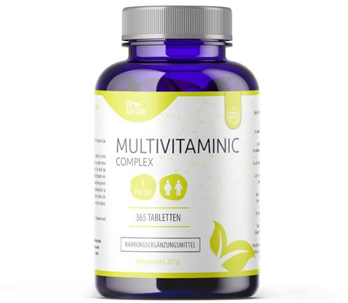 Multivitamin, Vitamine C E B1 B2 B6 B12, Pantothensäure, Folsäure, Calcium, Eisen, Niacin, Energie, Knochengesundheit, Immunsystem für Männer, Frauen, 365 vegane Tabletten | D2 Nature