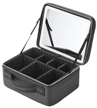 Kosmetiktasche Mit Spiegel, Kosmetikkoffer Mit Spiegel Und 3 Farben LED Licht,Make Up Tasche Professionelle Schminkkoffer Damen,Reise Kosmetiktasche Portable Make Up Koffer Schminkkoffer Schwarz