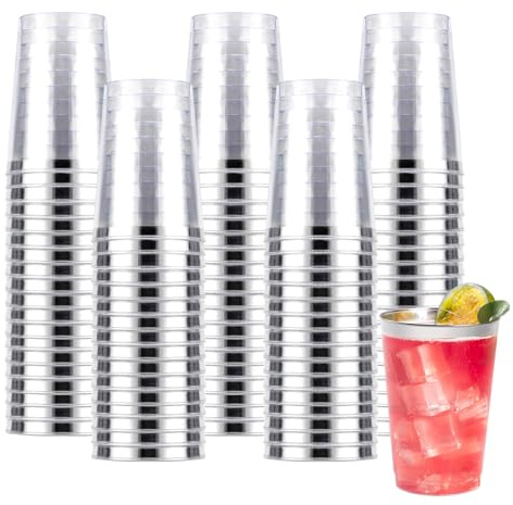 Goodluck 100PCS 10oz Plastic Cups for Party, Reusable Silver Plastic Cups, Cocktail Glasses for Wedding Thanksgiving, Christmas, and Parties