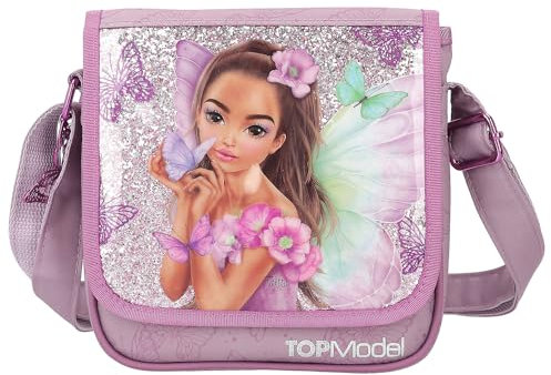 Depesche 12778 TOPModel Fairy Love - Kleine Umhängetasche in Mauve mit Model-Motiv und Schmetterlingen, Tasche mit verstellbarem Schultergurt und Front-Klappe, Mehrfarbig, 0012778