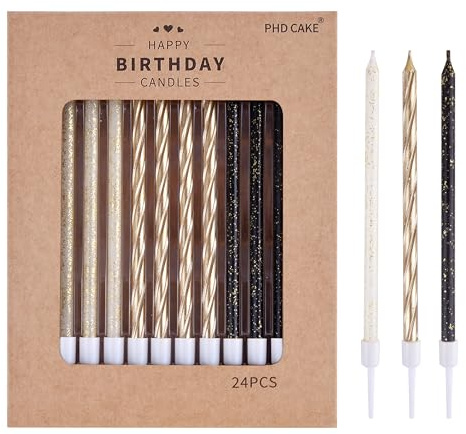 PHD CAKE Gold, Black, White Long Thin Birthday Candles, Cake Candles, Birthday Parties, Wedding Decorations, Party Candles