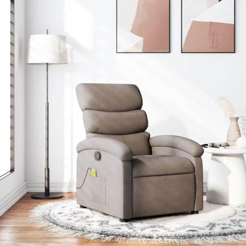Homgoday Poltrona massaggiante per TV, poltrona relax con funzione reclinabile, schienale regolabile, funzione di vibrazione, sedia a sdraio, in tessuto tortora