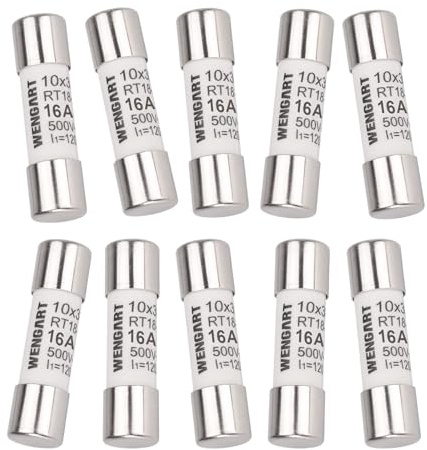 Wengart 10 fusibles cilíndricos CA RT18-32 (RO15), 10 unidades, 10 x 38 mm, CA500V, 16A 120 kA, fuerte capacidad de conmutación, puede proteger el circuito de forma fiable