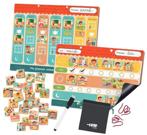 TINIOP®-Duo Planning Semaine et Journée pour Enfants, Tableaux Magnétique Montessori avec 140 Aimants d'activités complet, Idéal pour instaurer Routine et Autonomie, compatible TDAH, Autisme dès 3 ans