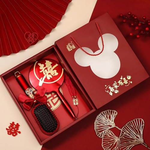 BAIWOVIS Chinesisches Hochzeitszubehör für Braut, Haarkamm, lockige Haarbürste und Handspiegel mit doppelter Glücksdekoration, rotes chinesisches Haar-Zubehör