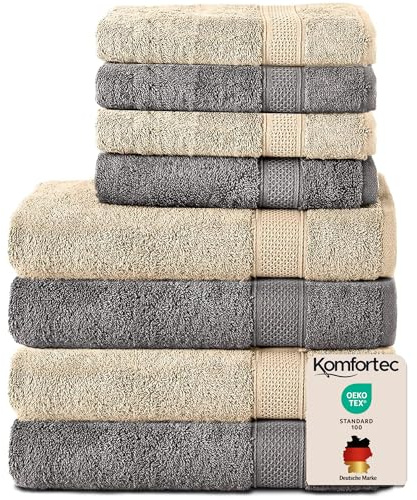 Komfortec Juego de 8 Toallas 100% Algodón – 4 Toallas de Baño 70 x 140 cm y 4 Toallas de Lavabo 50 x 100 cm – Juego de Toallas Suaves y Absorbentes – Antracita/Beige