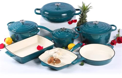 HJZSZX Enamel Cast Iron Cookware Cooking Pot Casserole Set,Blue,11 pc