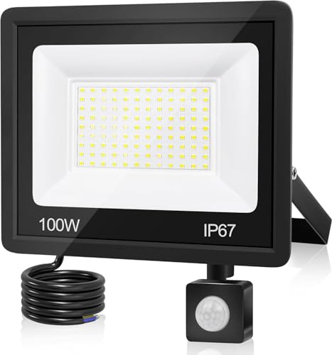 Faretto LED da Esterno 100W 10000LM 7000K con Sensore di Movimento, IP67 Impermeabile Super Luminoso Bianco Freddo Luce di Sicurezza per Garage, Cortile, Patio