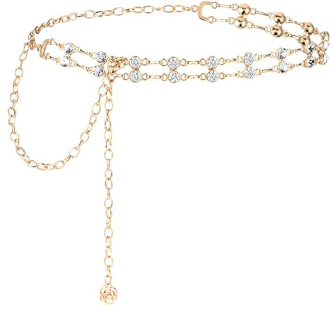 Yuanchu Women Rhinestone Chain Belt, Crystal Body Link Belt Metal Dress Belt Adjustable Skinny Waist Chain Belt for Dress(Gold)