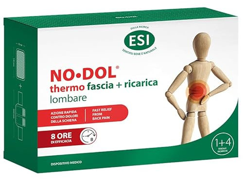 ESI, No-Dol Thermo Fasce Riscaldanti per Schiena con Ricarica, Allevia i Dolori della Zona Lombare, Fonte di Calore di Origine Naturale Senza Farmaci, Sollievo Fino a 8 Ore, 1 Fascia + 4 Ricariche