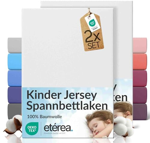 etérea Jersey 2er Set Spannbettlaken 80x160cm - 80x180cm Weiss bis 20 cm Höhe - 100% Baumwolle Spannbetttuch Oekotex - Kinder Doppelpack Bettlaken 80x160 cm - 80x180 cm - White