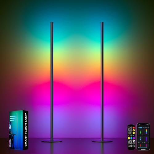 Meewata LED Stehlampe Wohnzimmer, 2 Stück Aufgewertete Ecklampe RGB Dimmbar mit Fernbedienung und APP, 16 Millionen Farben, Musikmodi, DIY-Modus & Timing-Funktion für Schlafzimmer, Spielzimmer, Büro