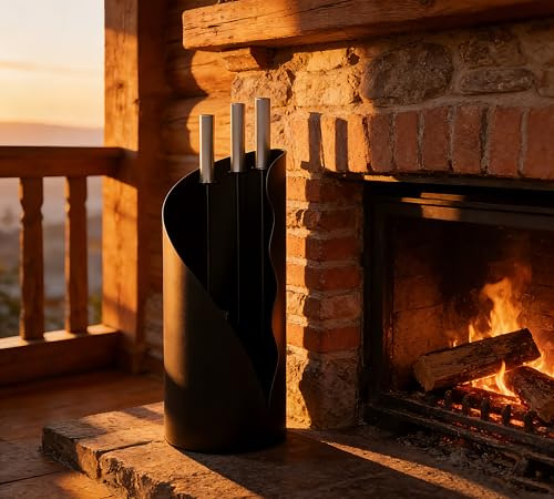 Kingson Set di accessori per camino, 3 pezzi, moderno set di attrezzi per caminetto, con spazzola, pala e attizzatoio, supporto rotondo da pavimento, altezza 52,5 cm, manico in acciaio inox
