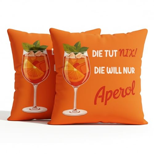 QMofeixiaodianQ 2er Set Aperol Spritz Kissenbezüge 45x45 cm – Edler Kurzflorsch-Plüsch Kissenbezug – Lustiges Aperol Geschenk für Frauen & Männer – Deko für Mädelsabend, Einweihung & Balkon