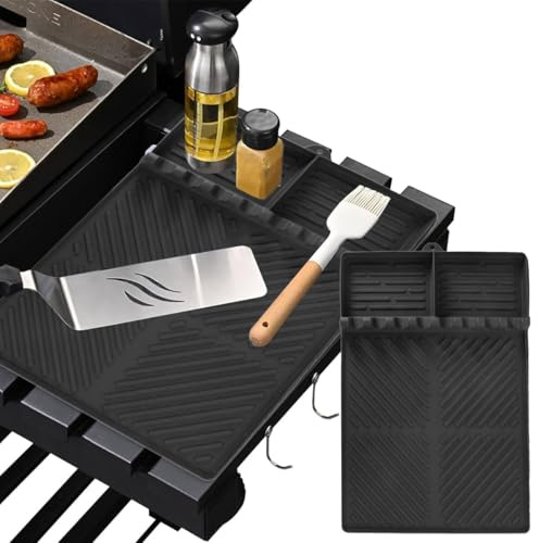 zorvixal Silikon-Grillwerkzeug-Matte, 40.5×29.5cm Grill-Seitenablagematte | Silikon-Grill-Werkzeugmatte mit Abtropf-Pad, für Gewürze, Flaschen und Grillwerkzeuge, Hitzebeständig und Leicht zu Reinigen