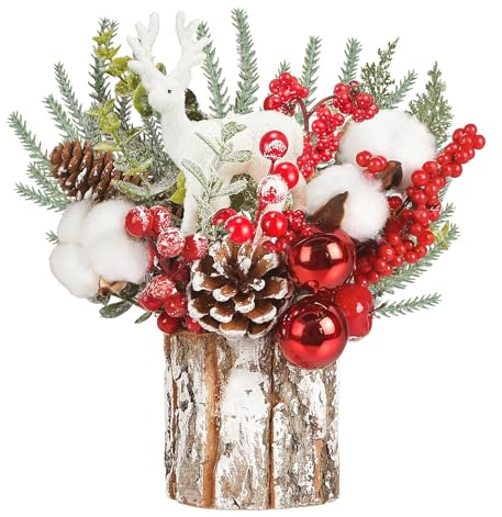 ilauke Mini julgranskrukväxt, 31 cm julgran, dekorerat bord, konstgjorda julgranar med rådjur, tall koner bär och blad, för inredning, öppen spis, jul, dekoration