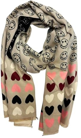 Jeamis XXL Smiley Love Herz Muster Wendeschal Strickschal Warmer Winter Schal Fashion Tuch Herbst Frühling Stola Wolle mit Fransen Smile